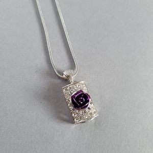 Purple Metallic Flower Rose Rhinestone Crystal Pendant Necklace Rectangle Silver